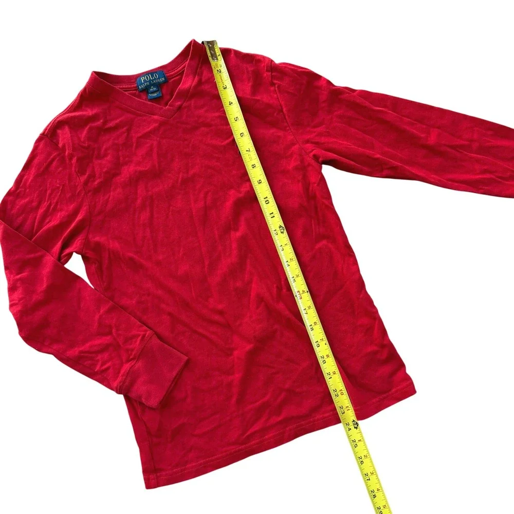Polo Ralph Lauren Boys Red Long Sleeve V-Neck Tee Navy Pony Size M 10-12